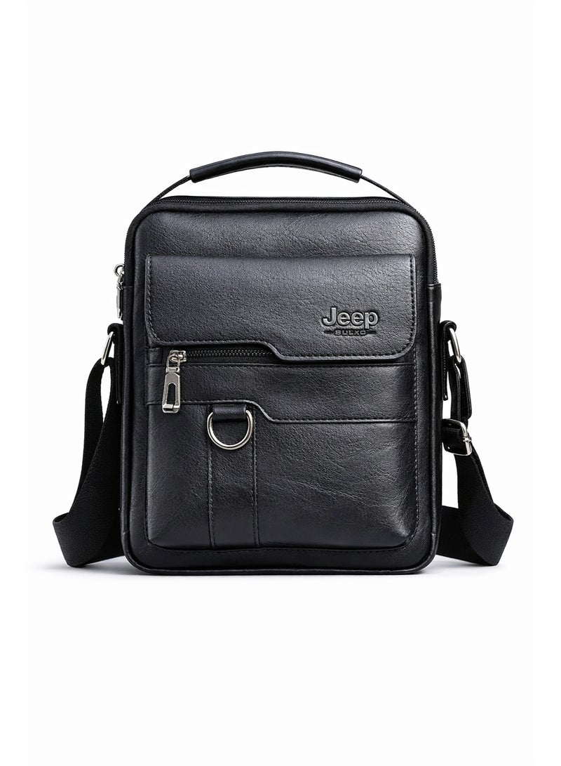 Jeep Men’s Black Leather Crossbody Bag with Top Handle and Front Zipper - Image 1
